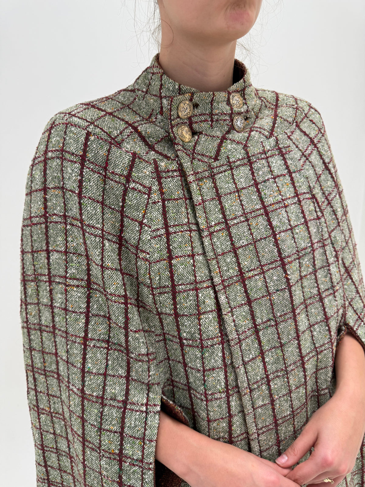 Capa old vintage din tweed de lana ușor structurat în carouri burgundy
