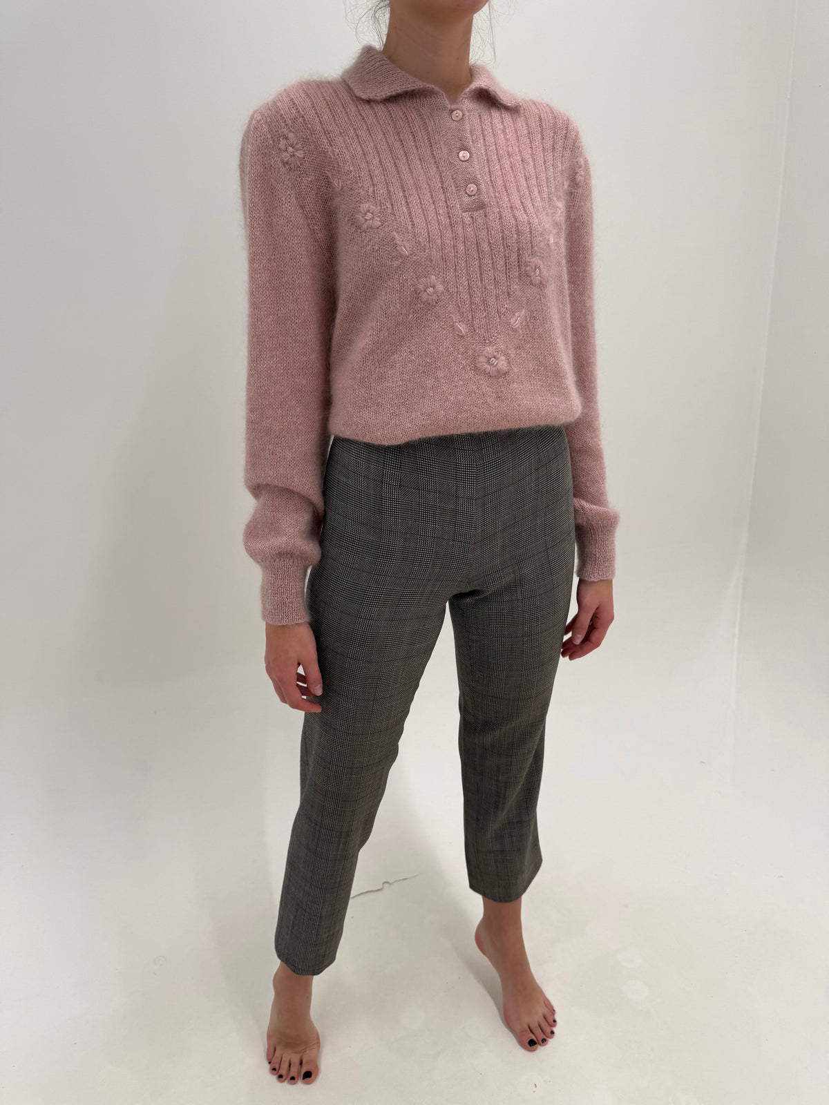 Pantaloni italienești din worsted wool excepțional cu țesătură hopsack fin și talie ultra înaltă