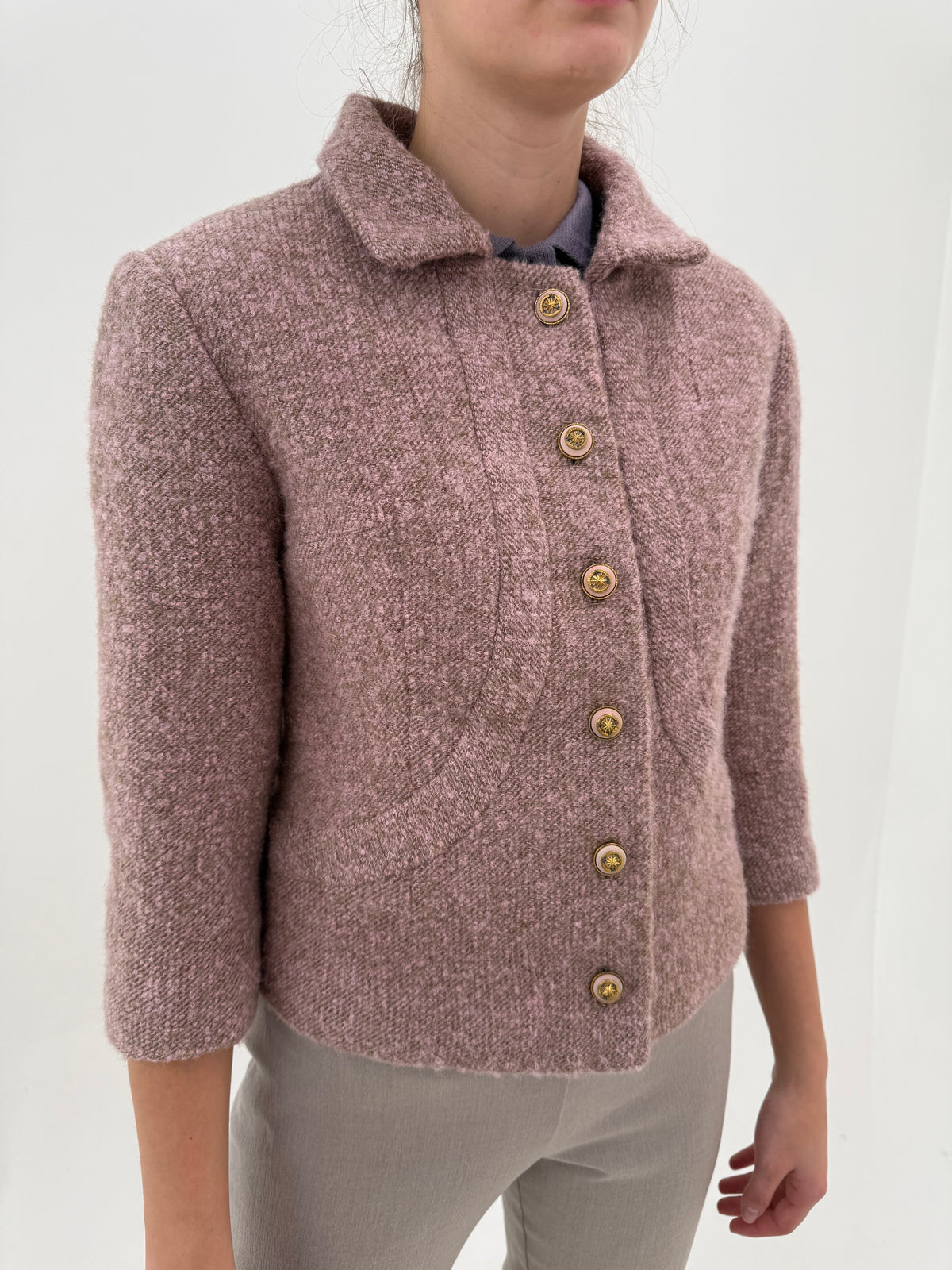 Jacheta old vintage petite anii 60 din tweed super gros boucle powder pink și camel