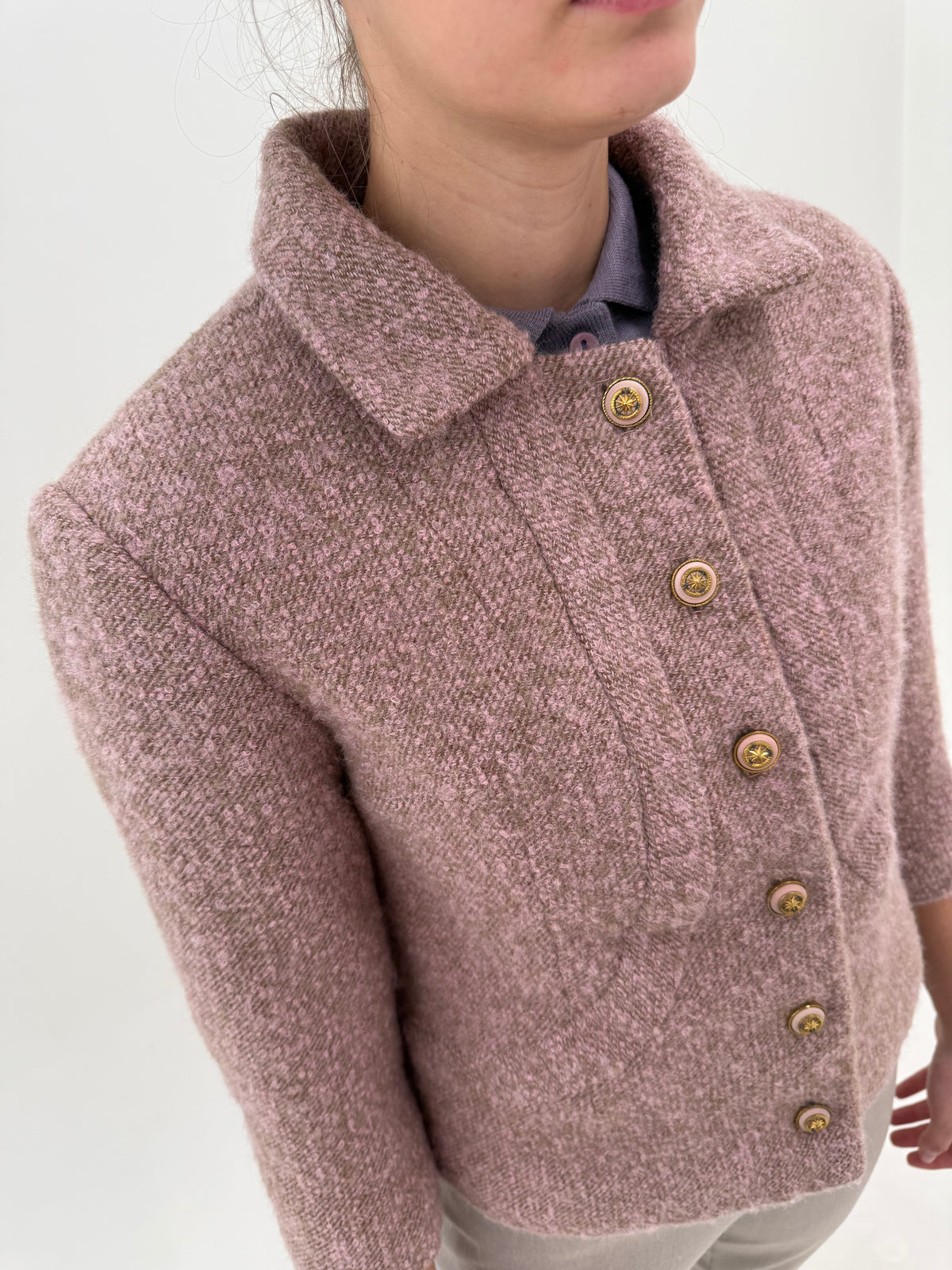 Jacheta old vintage petite anii 60 din tweed super gros boucle powder pink și camel