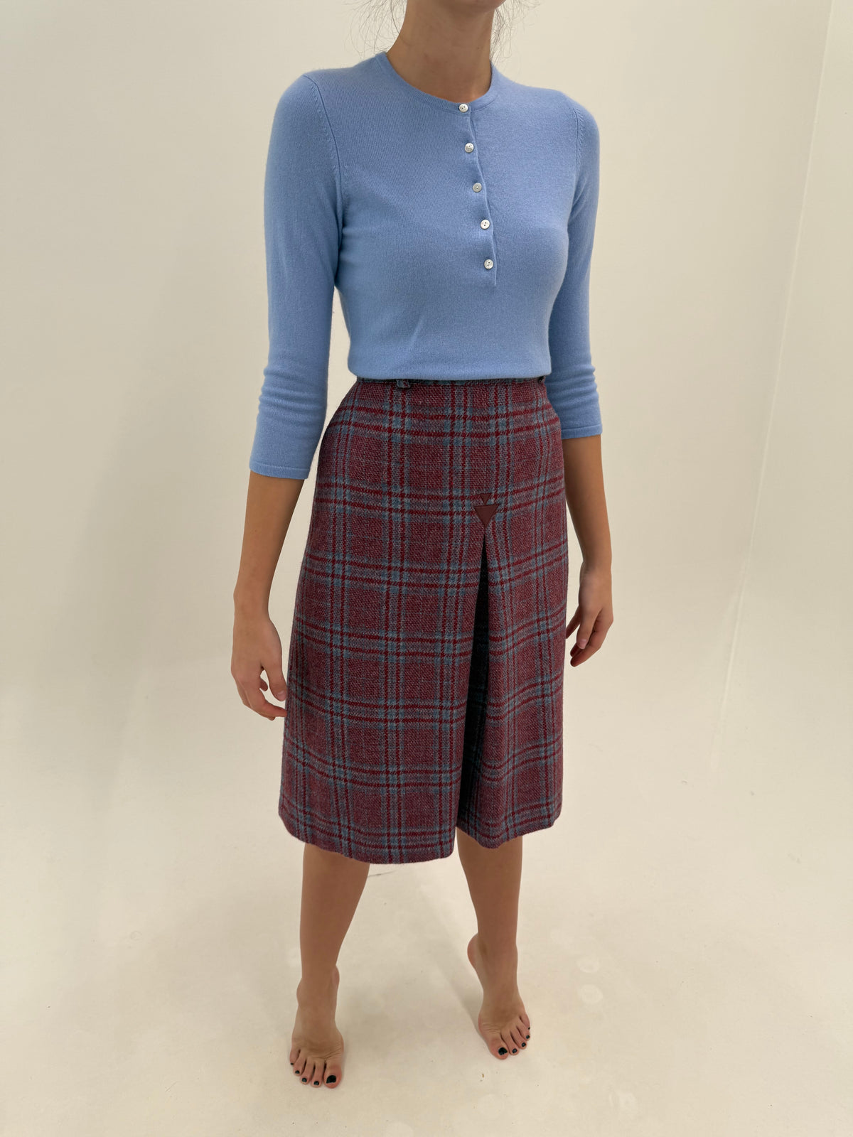 Fustă midi din tartan gros de lana burgundy și baby blue