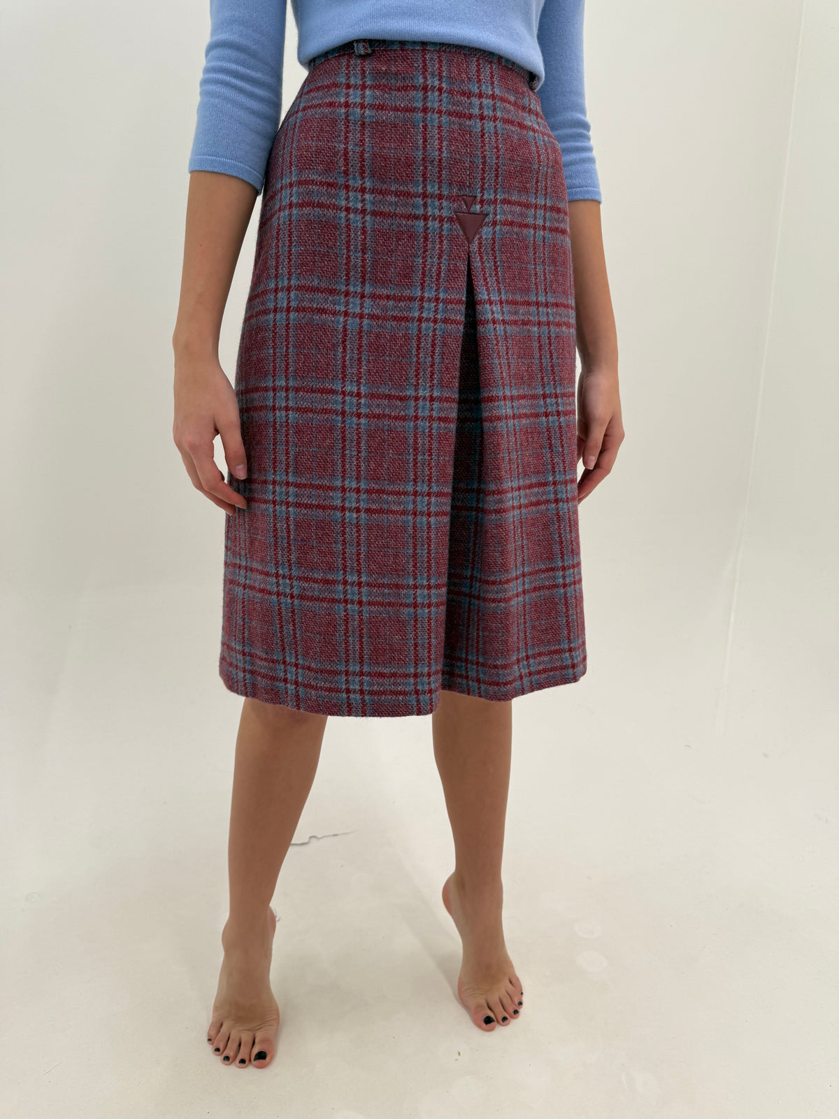 Fustă midi din tartan gros de lana burgundy și baby blue