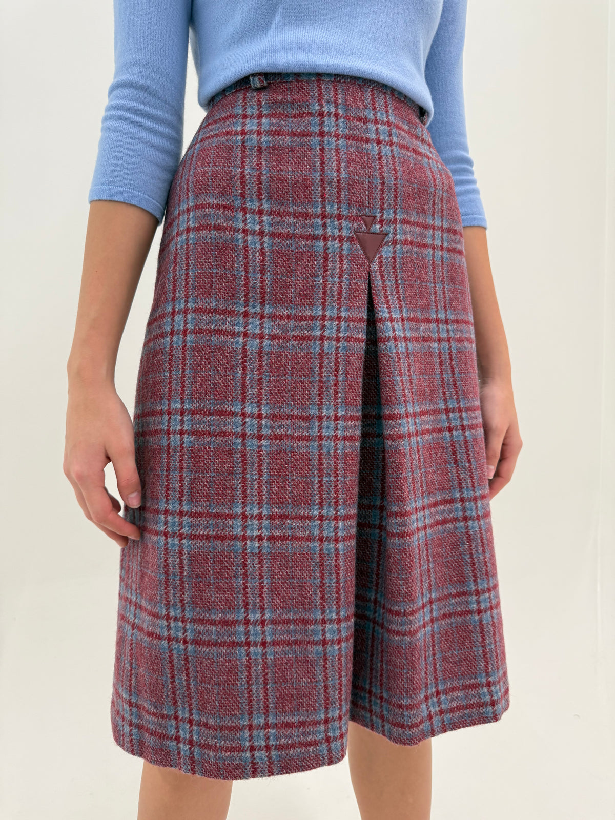Fustă midi din tartan gros de lana burgundy și baby blue