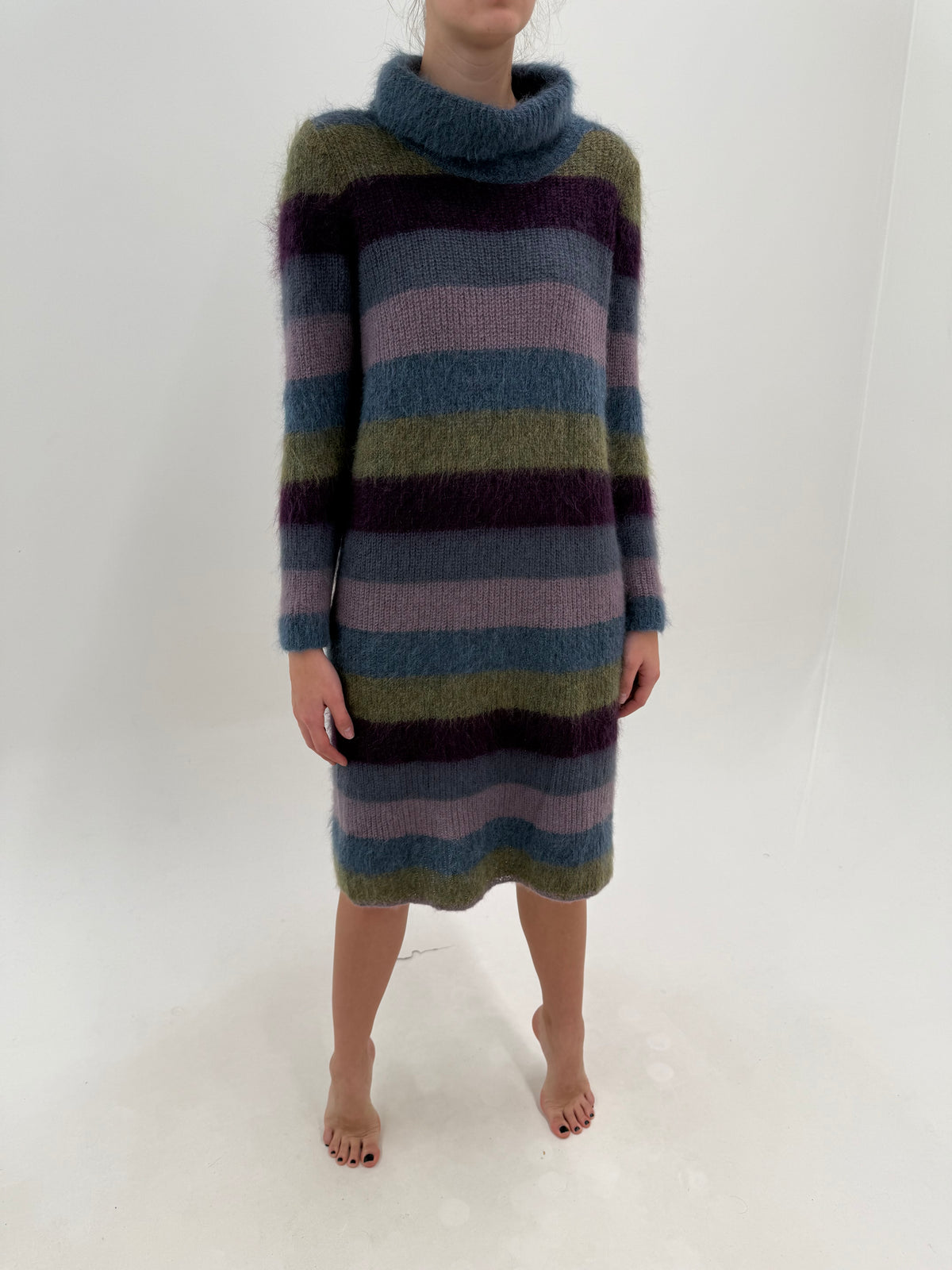 Rochie midi tip Maleta din baby mohair plin în dungi și culori superbe