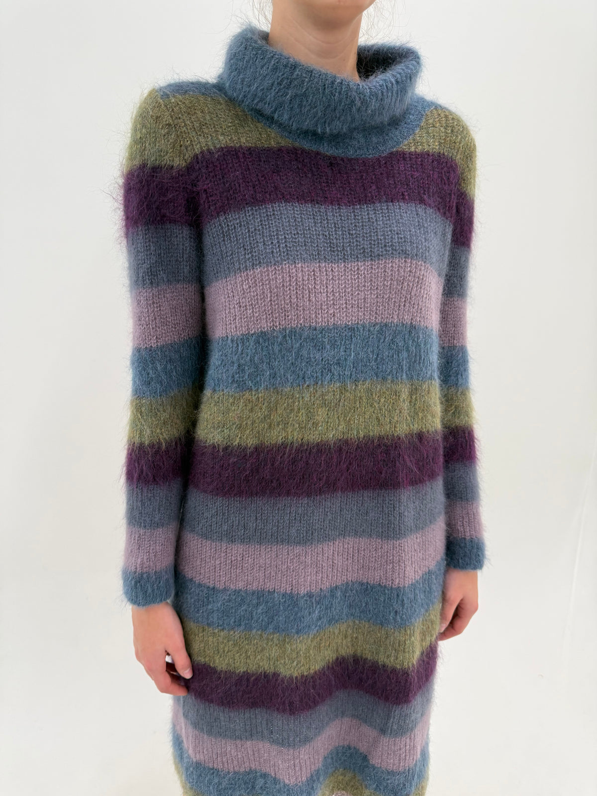 Rochie midi tip Maleta din baby mohair plin în dungi și culori superbe