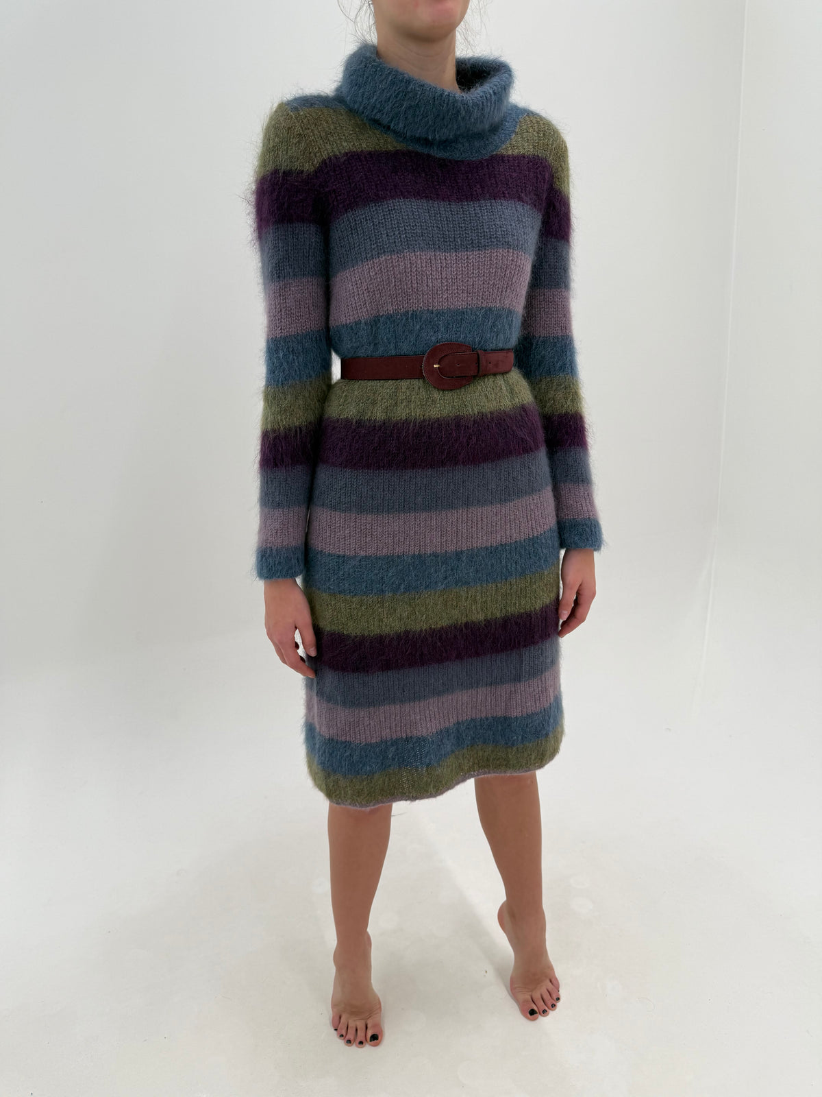 Rochie midi tip Maleta din baby mohair plin în dungi și culori superbe