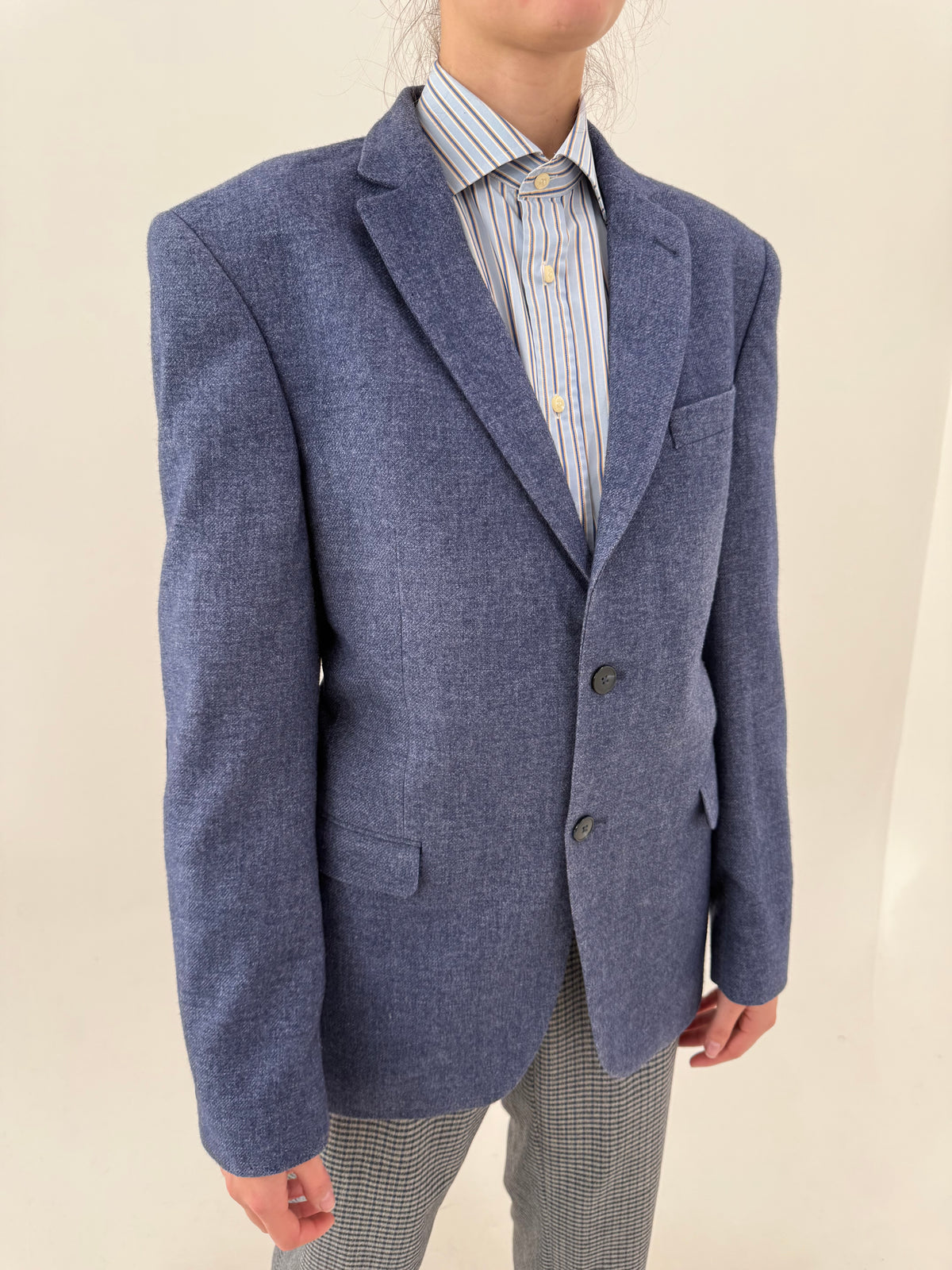 Sacou tall din tweed gros jeans blue de lana ușor structurat în croi actual