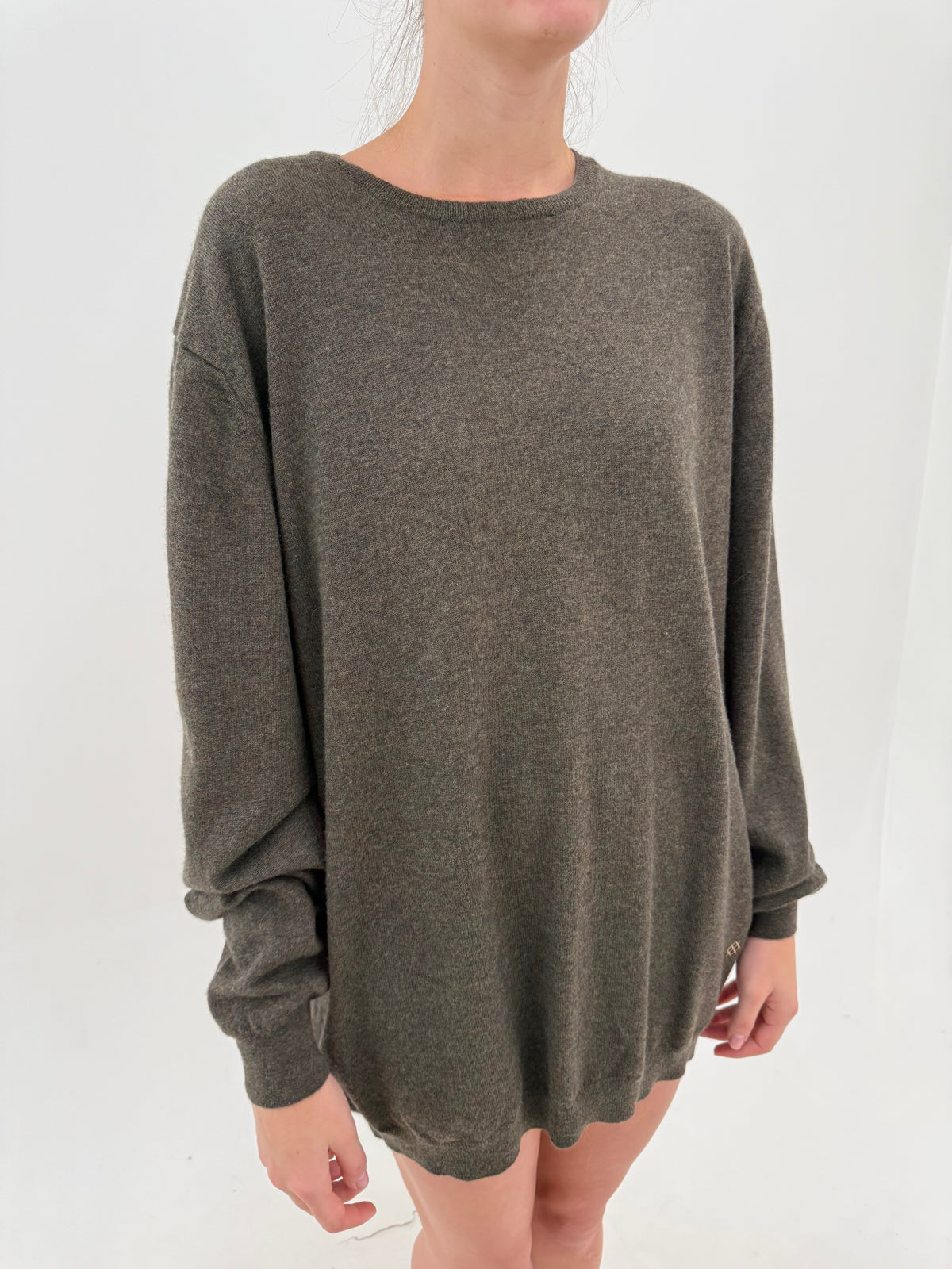 Pulover plus size taupe din lana merino extrafina pura virgină certificată