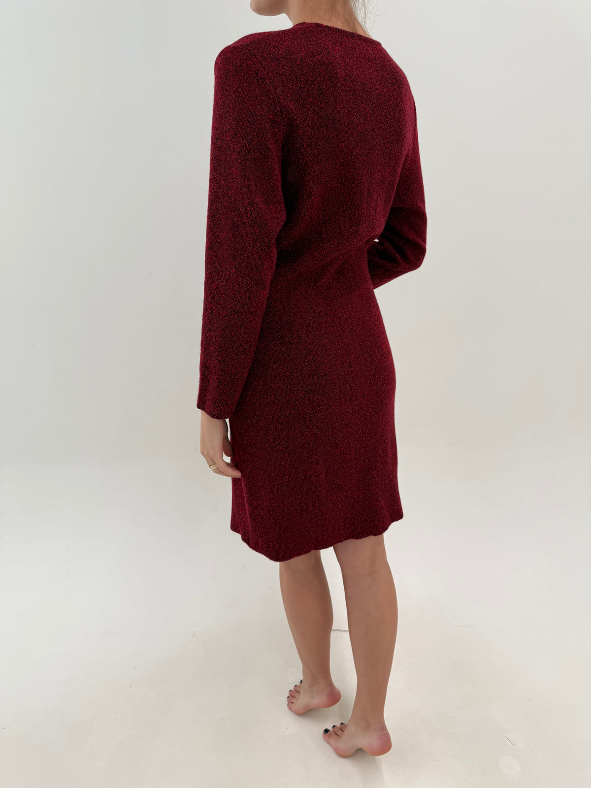 Rochie vintage dark red melanj cu negru din tricot plin și dens de lana extrafina