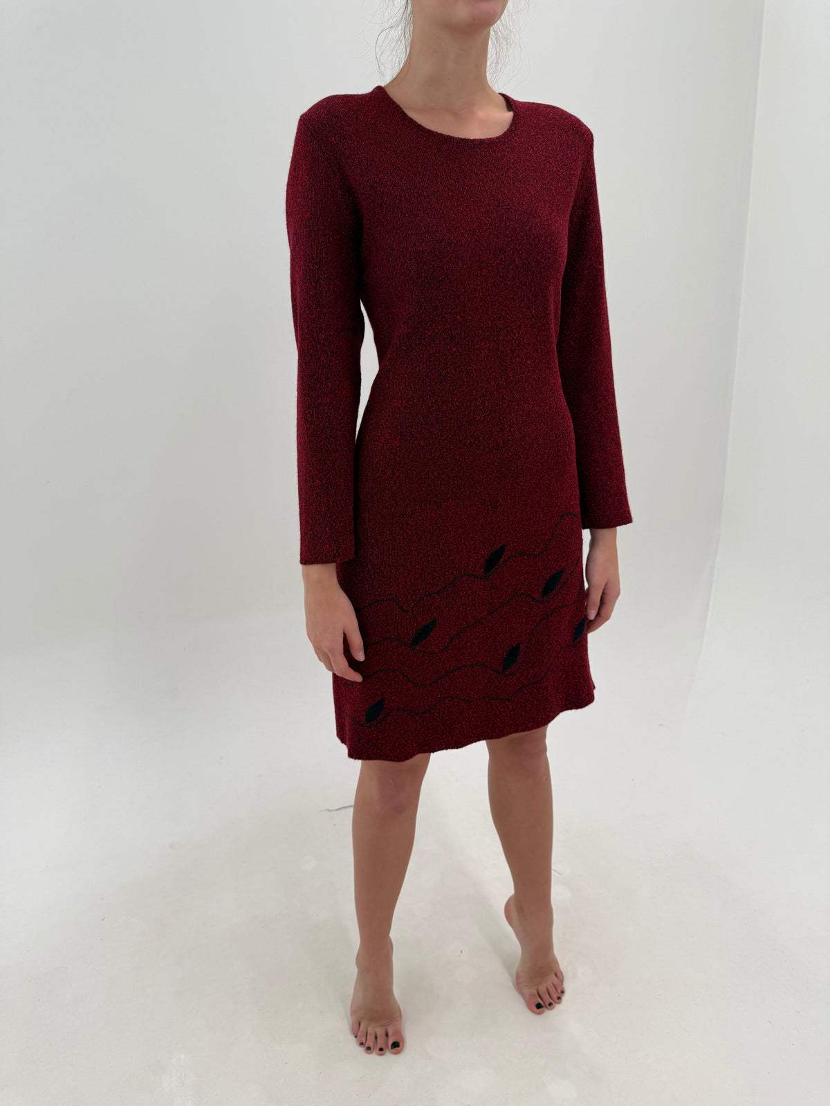 Rochie vintage dark red melanj cu negru din tricot plin și dens de lana extrafina
