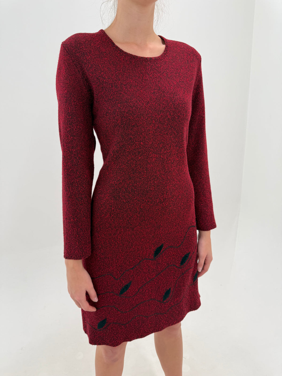 Rochie vintage dark red melanj cu negru din tricot plin și dens de lana extrafina