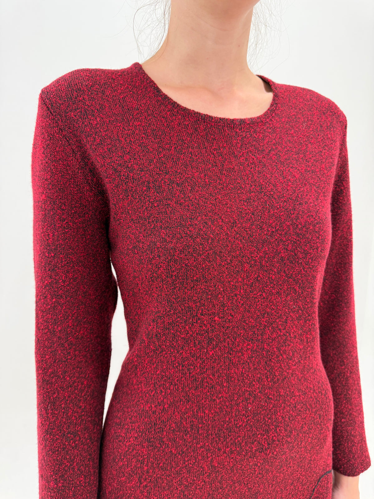 Rochie vintage dark red melanj cu negru din tricot plin și dens de lana extrafina