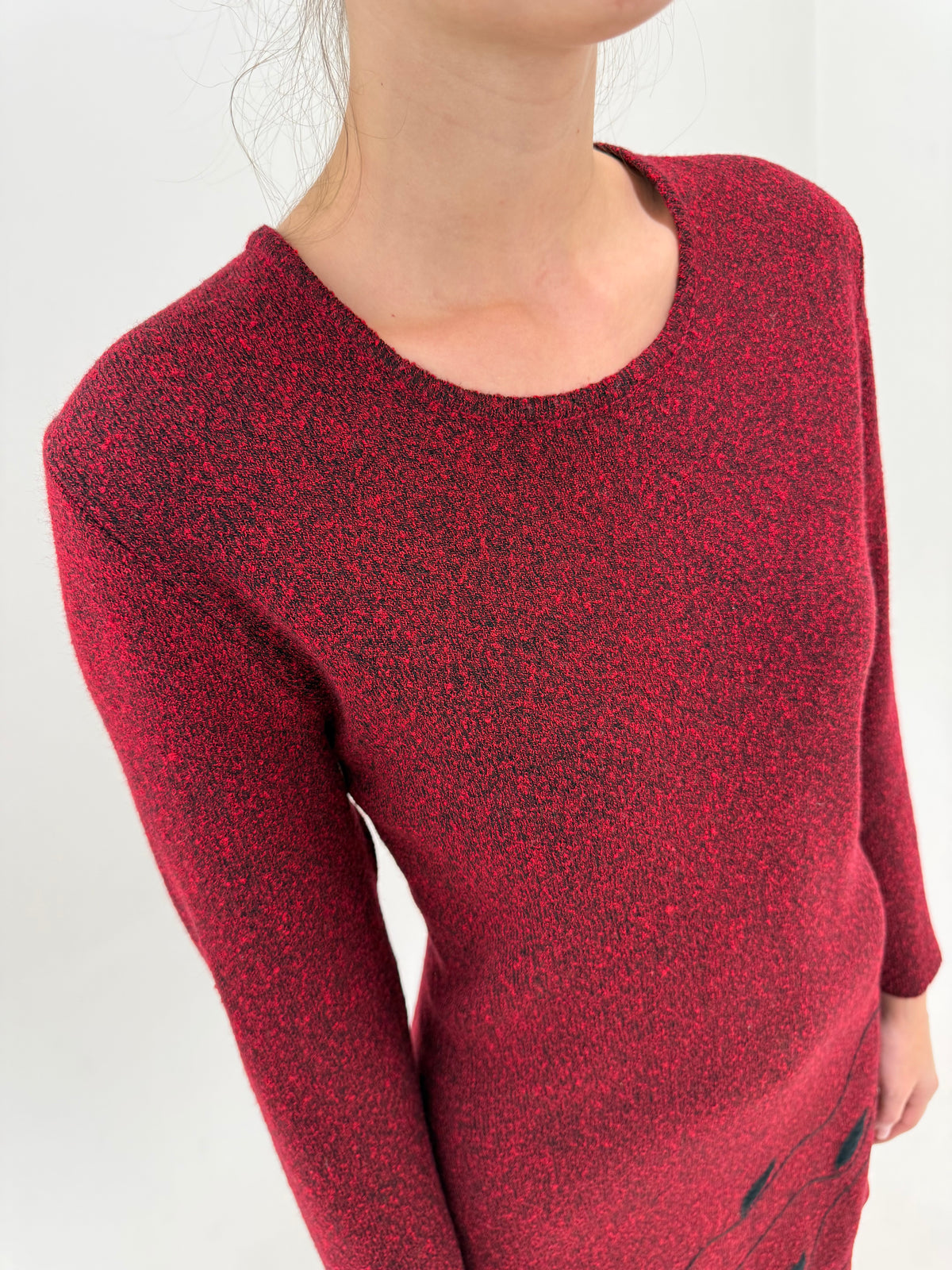 Rochie vintage dark red melanj cu negru din tricot plin și dens de lana extrafina