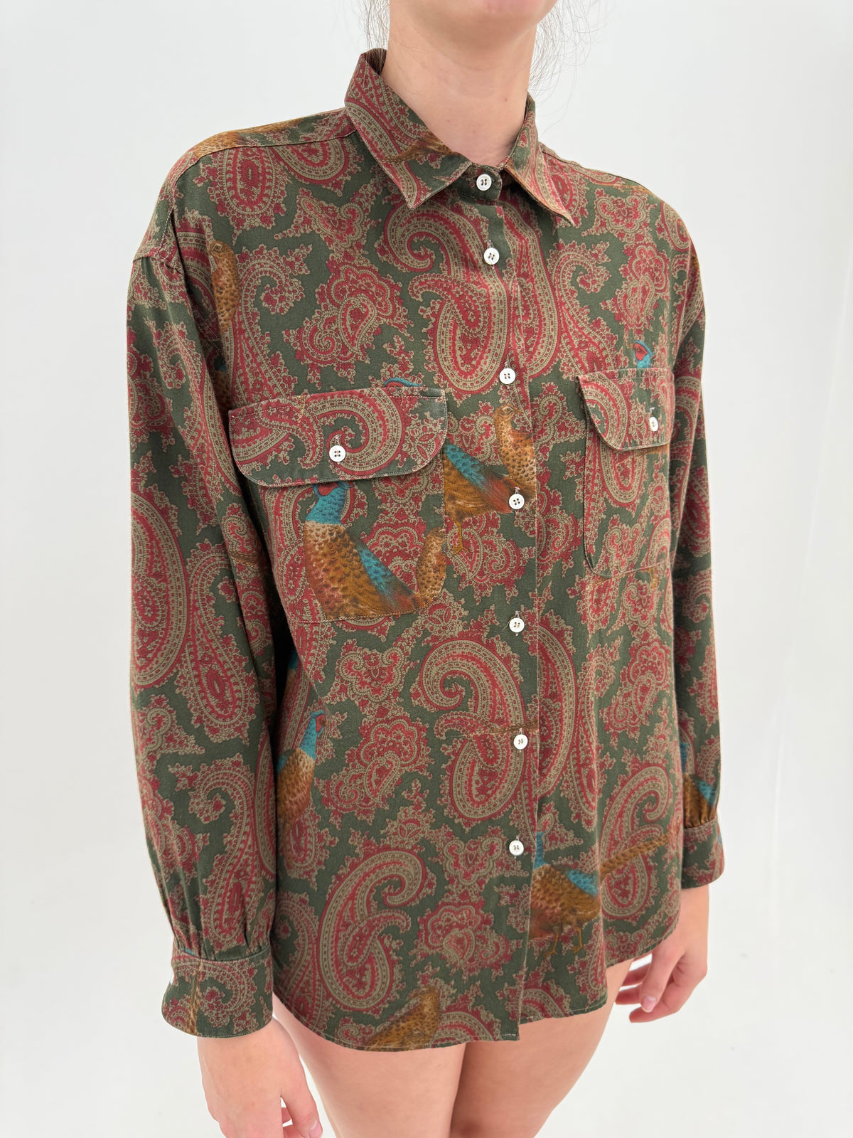 Cămașa vintage italiană cu print paisley cu burgundy și croi lejer din bumbac moale