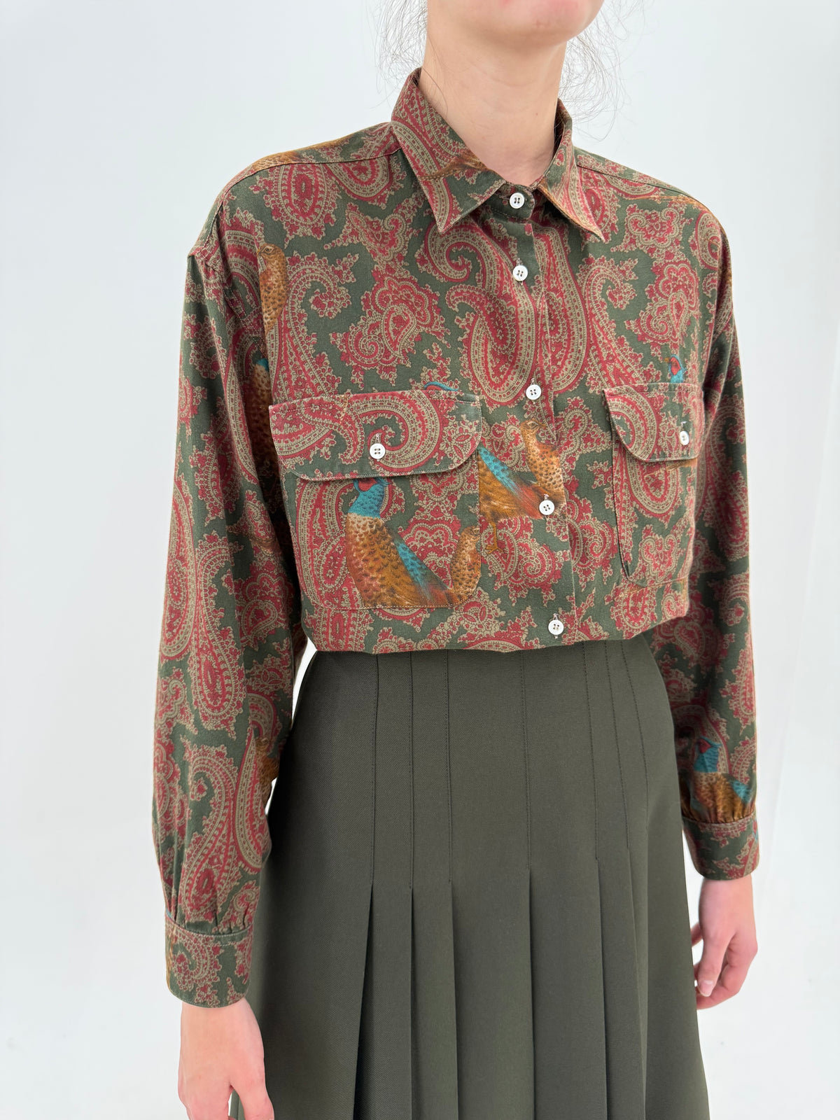 Cămașa vintage italiană cu print paisley cu burgundy și croi lejer din bumbac moale
