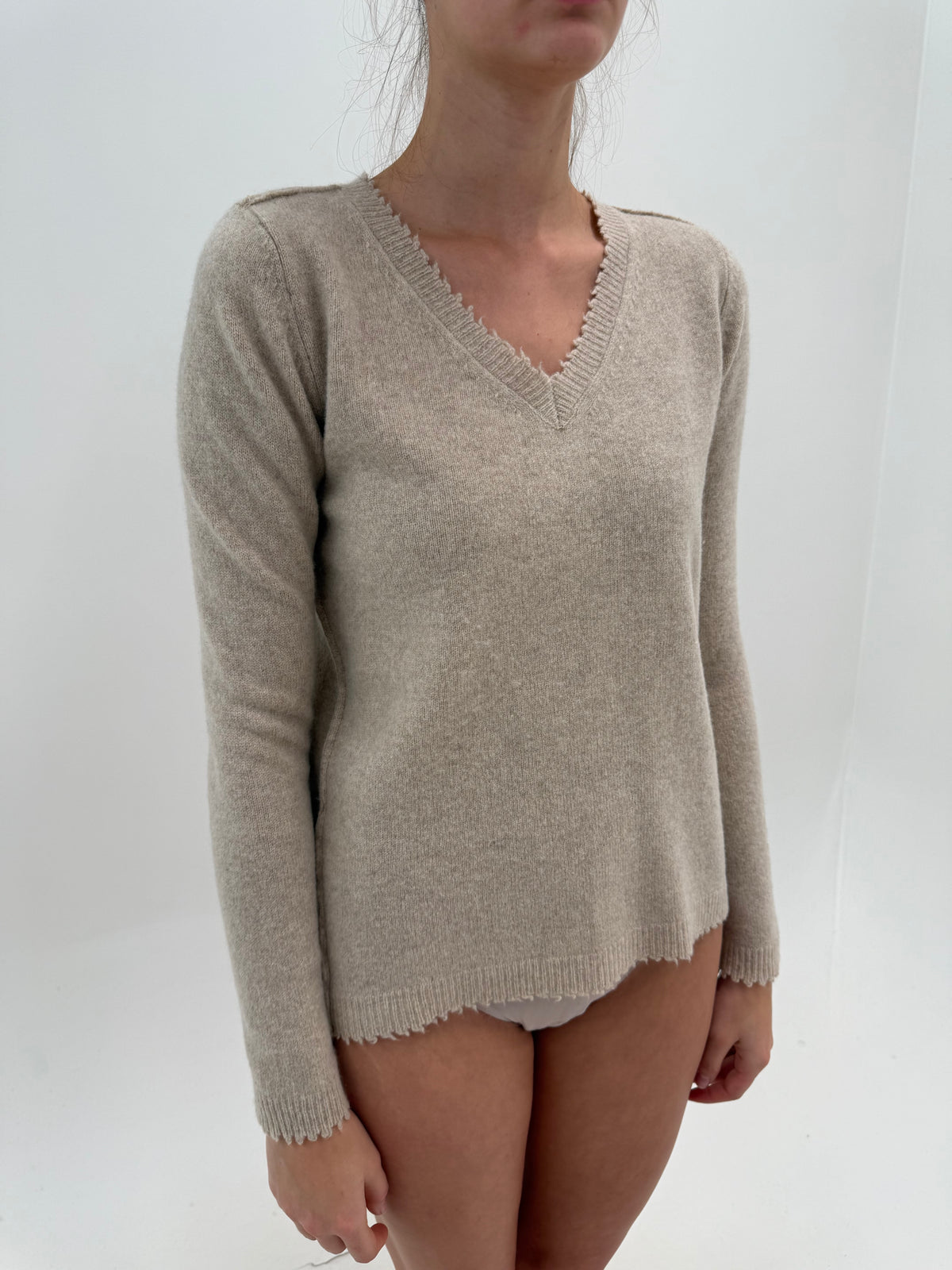 Pulover camel din lana merino multiply cu finisaj deosebit în anchior