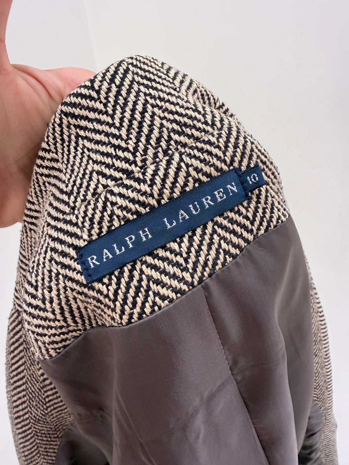 Sacou Ralph Lauren (main label) Preston Herringbone din tweed gros camel 100% mătase naturală