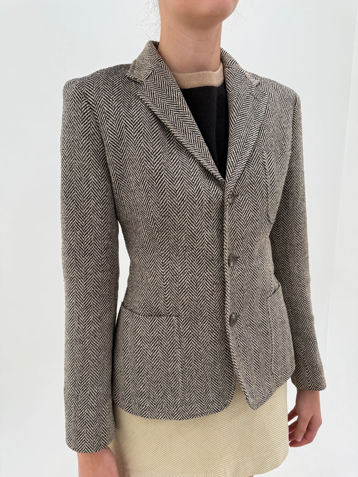 Sacou Ralph Lauren (main label) Preston Herringbone din tweed gros camel 100% mătase naturală
