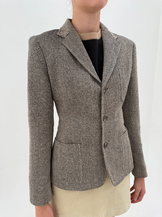 Sacou Ralph Lauren (main label) Preston Herringbone din tweed gros camel 100% mătase naturală