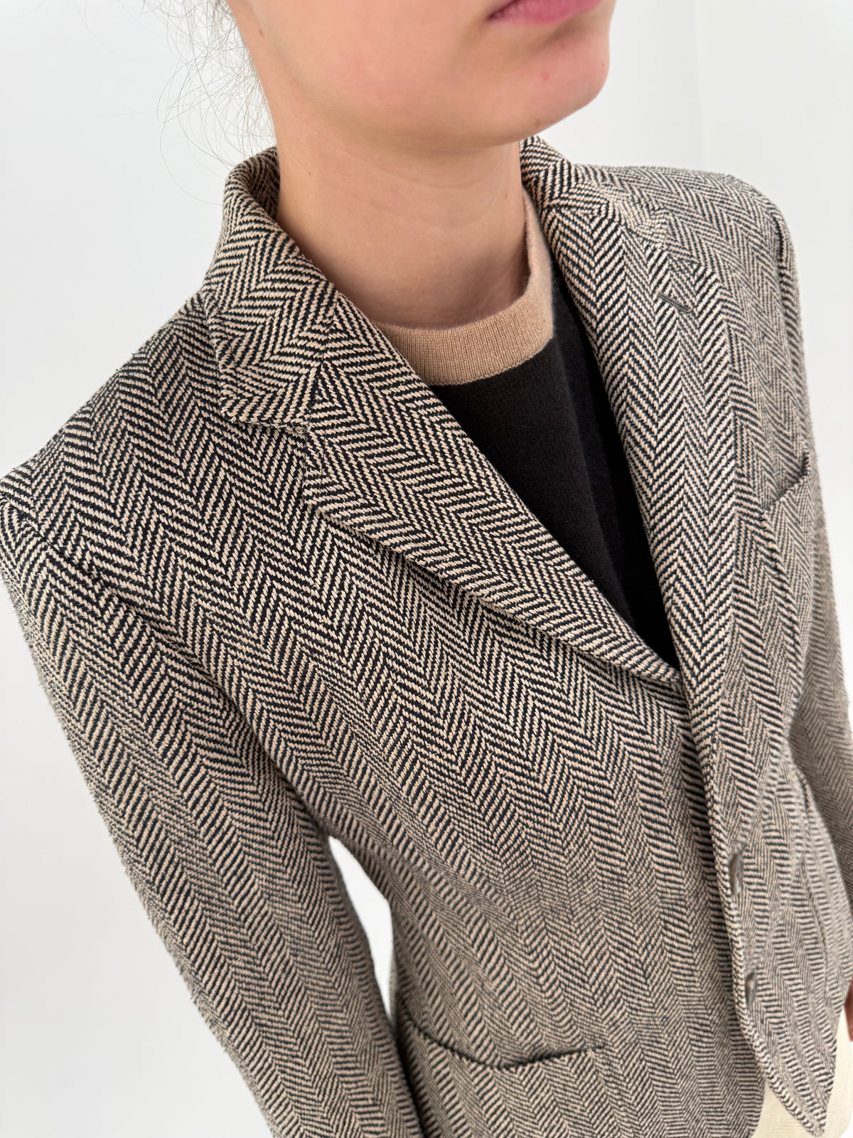 Sacou Ralph Lauren (main label) Preston Herringbone din tweed gros camel 100% mătase naturală