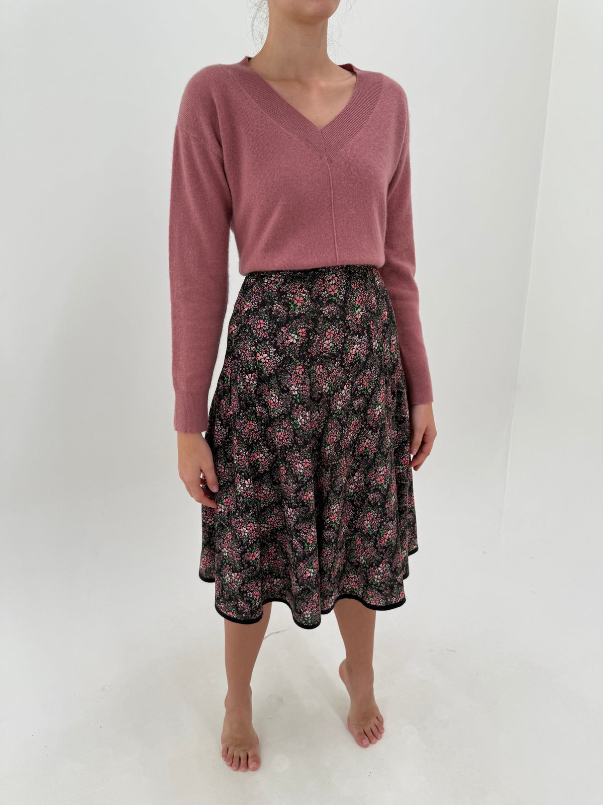 Fustă vintage midi cu print dusty pink din lana excepțională extrafina