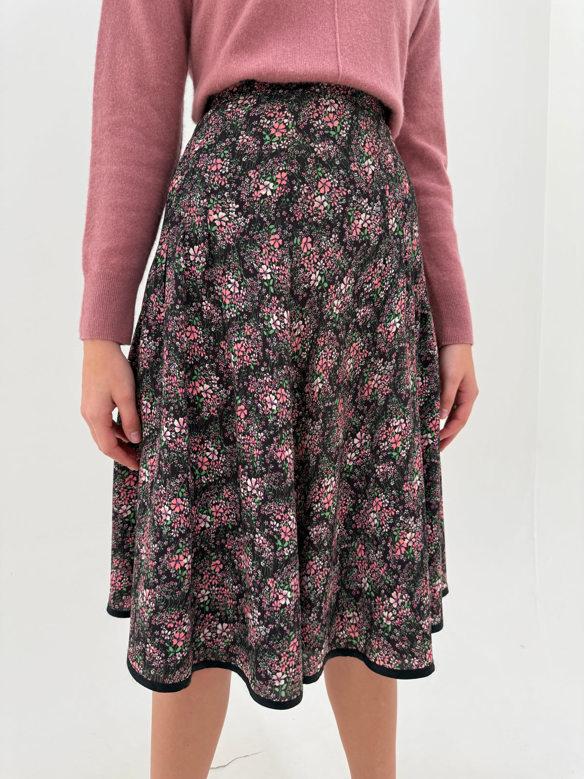 Fustă vintage midi cu print dusty pink din lana excepțională extrafina