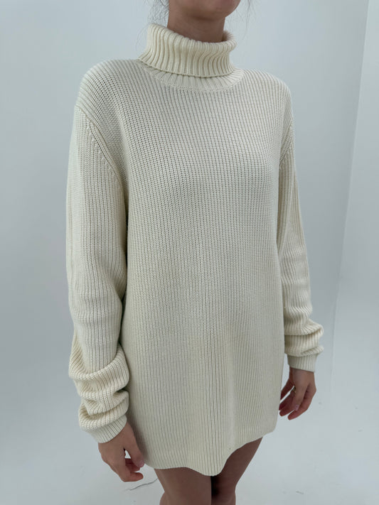 Maleta tall Joop din lana extrafina groasă ribbed butter white în croi lung spre rochie