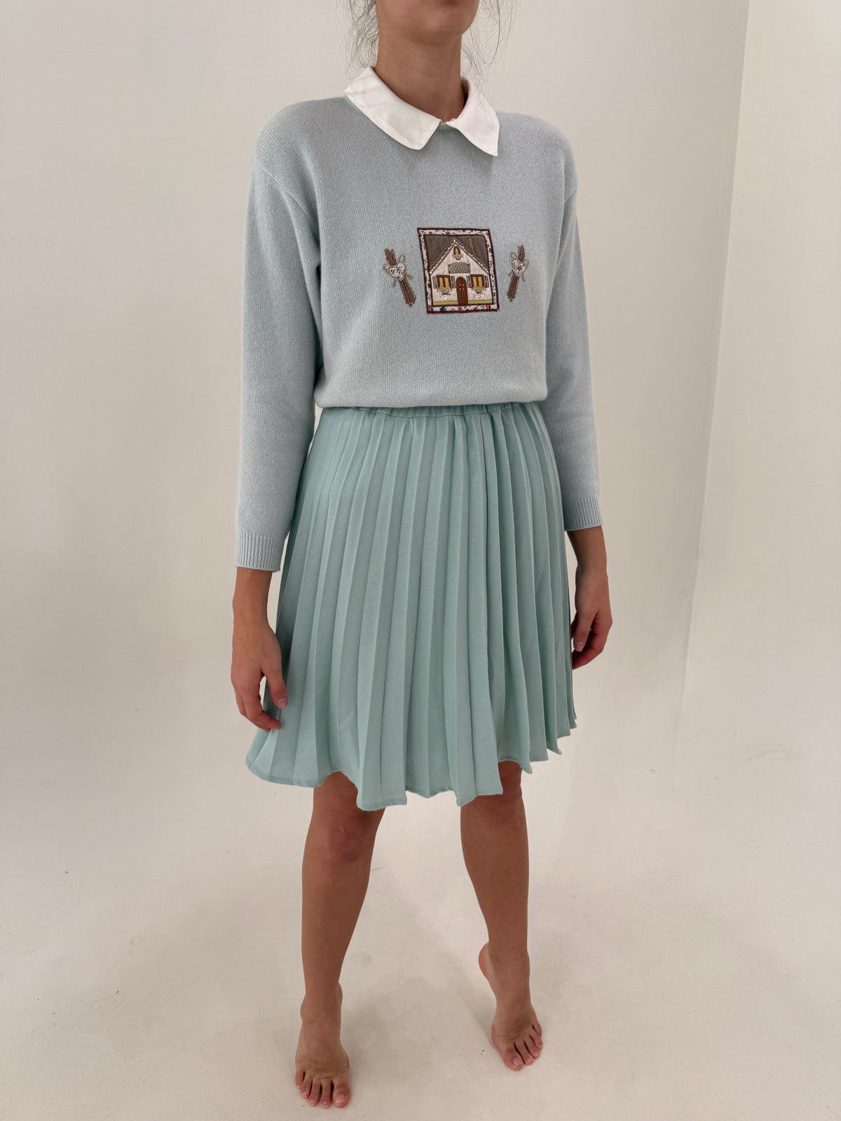Fustă vintage plisată mint green din lana extrafina cu talie ultra înaltă elastică