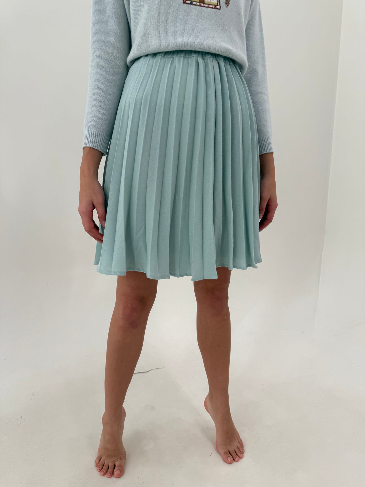 Fustă vintage plisată mint green din lana extrafina cu talie ultra înaltă elastică