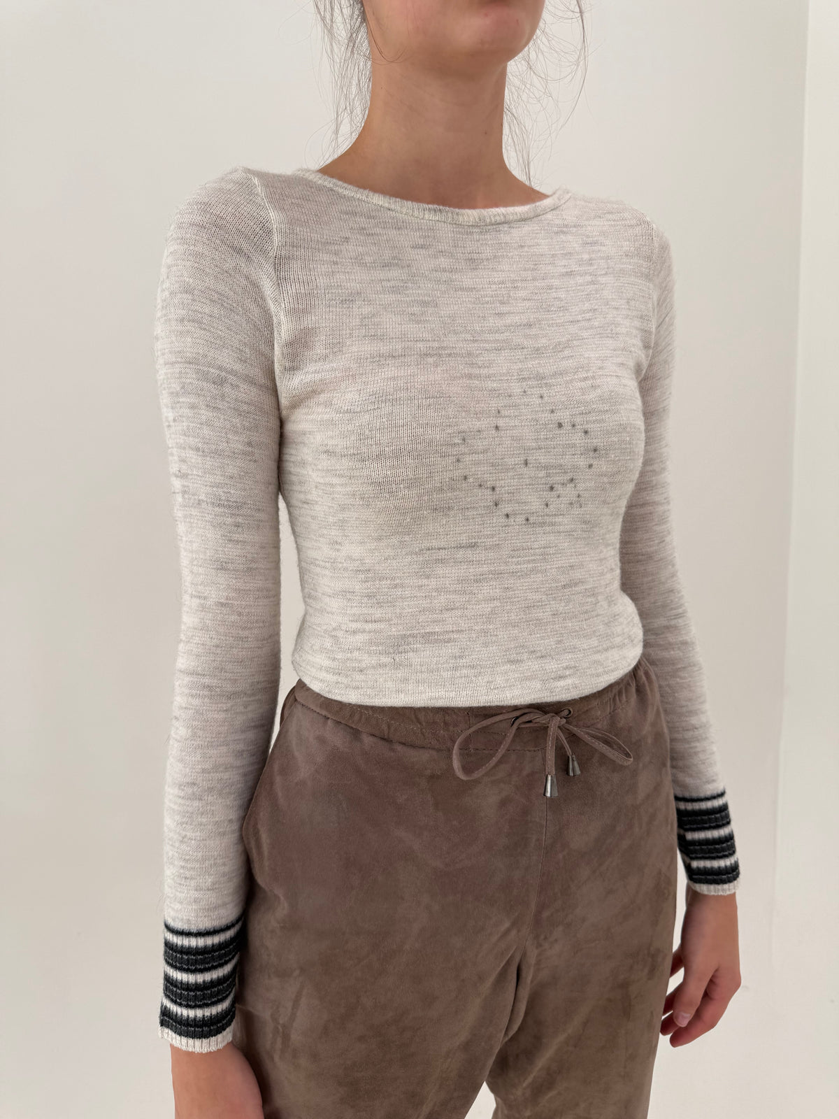Pulover melanj old vintage din mix de lana extrafina cambrat cu dungi