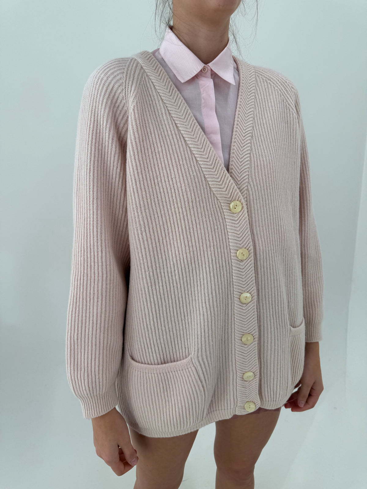 Cardigan vintage powder pink din lana plină extrafina ribbed in croi oversized