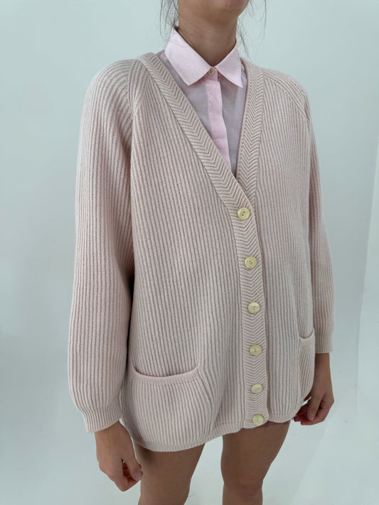 Cardigan vintage powder pink din lana plină extrafina ribbed in croi oversized