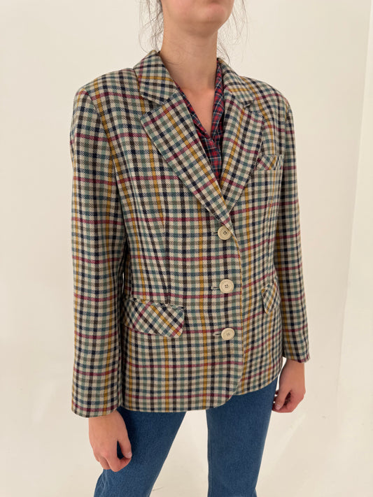 Sacou vintage în carouri și culori superbe din tweed de lana extrafina ușor cambrat