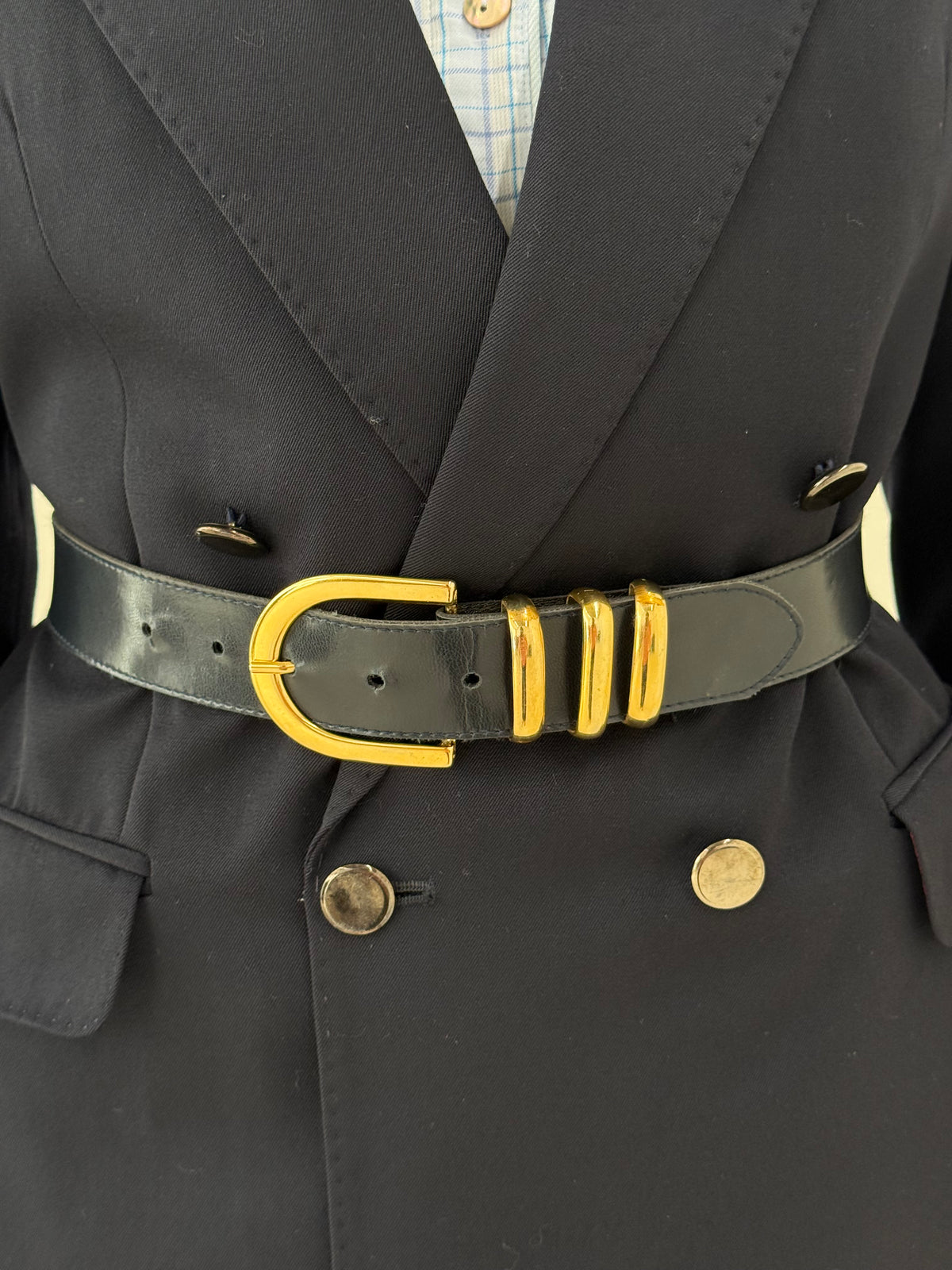 Centura Navy din piele naturală cu feronerie masivă aurie