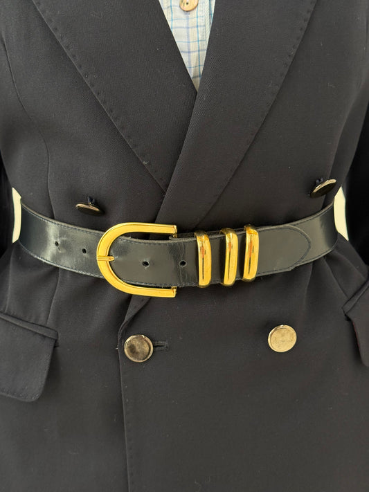 Centura Navy din piele naturală cu feronerie masivă aurie