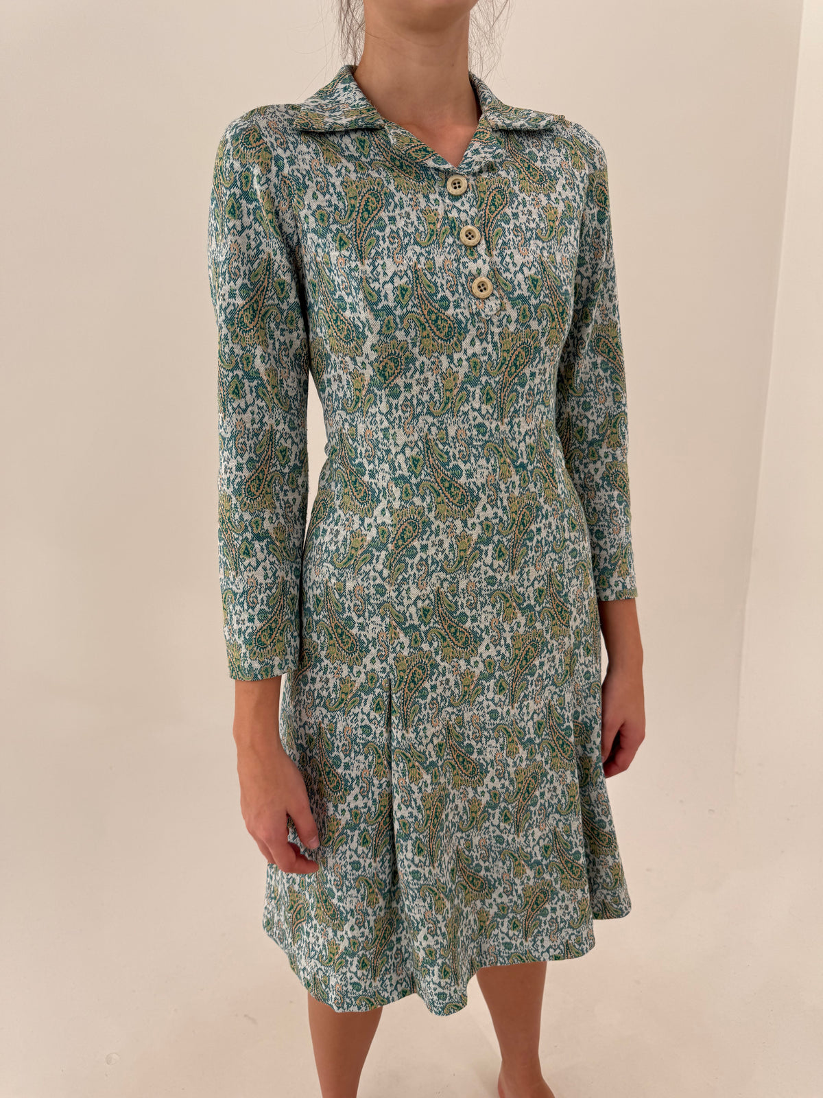 Rochie old vintage anii 70 din tricot dens de lana extrafina cu print floral superb