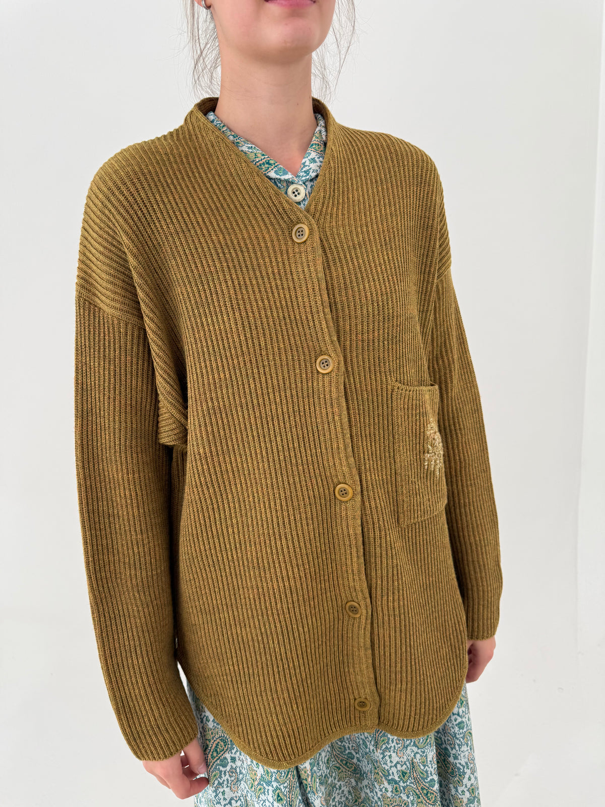 Cardigan gros de brand super premium italian dark mustard din lana extrafina ribbed