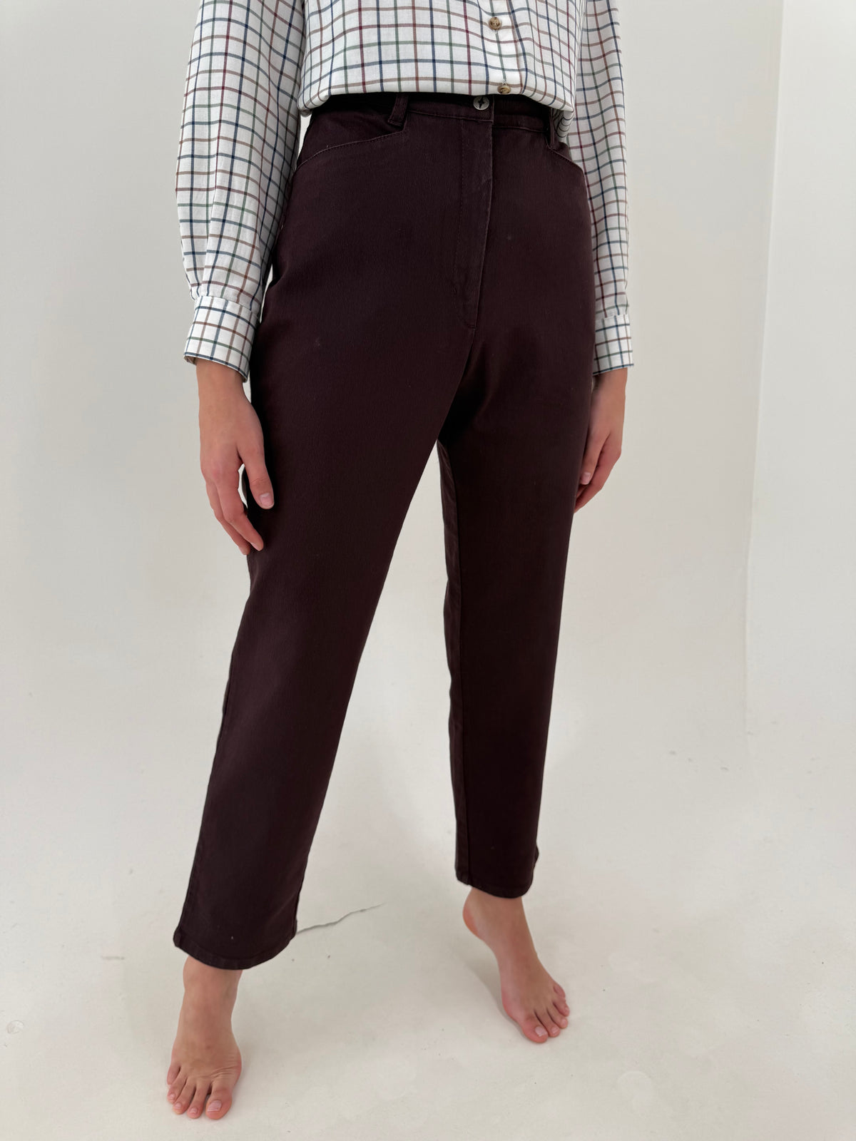 Pantaloni dark plum din bumbac gros ultra confort cu talie înaltă