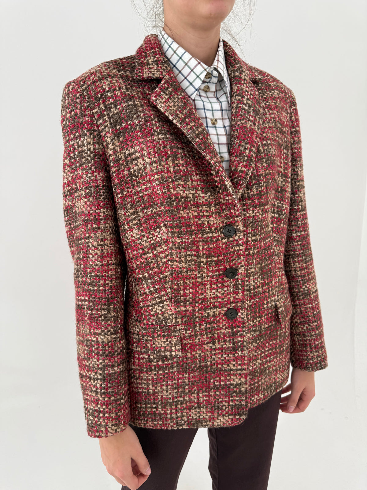 Sacou din tweed camel cu roșu și chocolate brown excepțional de brand premium