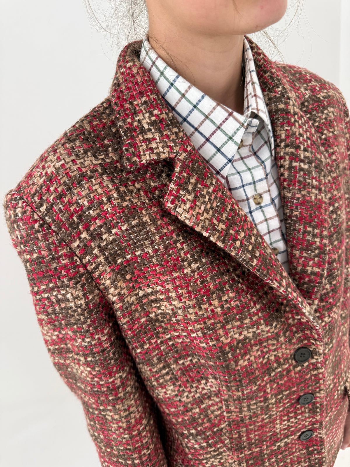 Sacou din tweed camel cu roșu și chocolate brown excepțional de brand premium