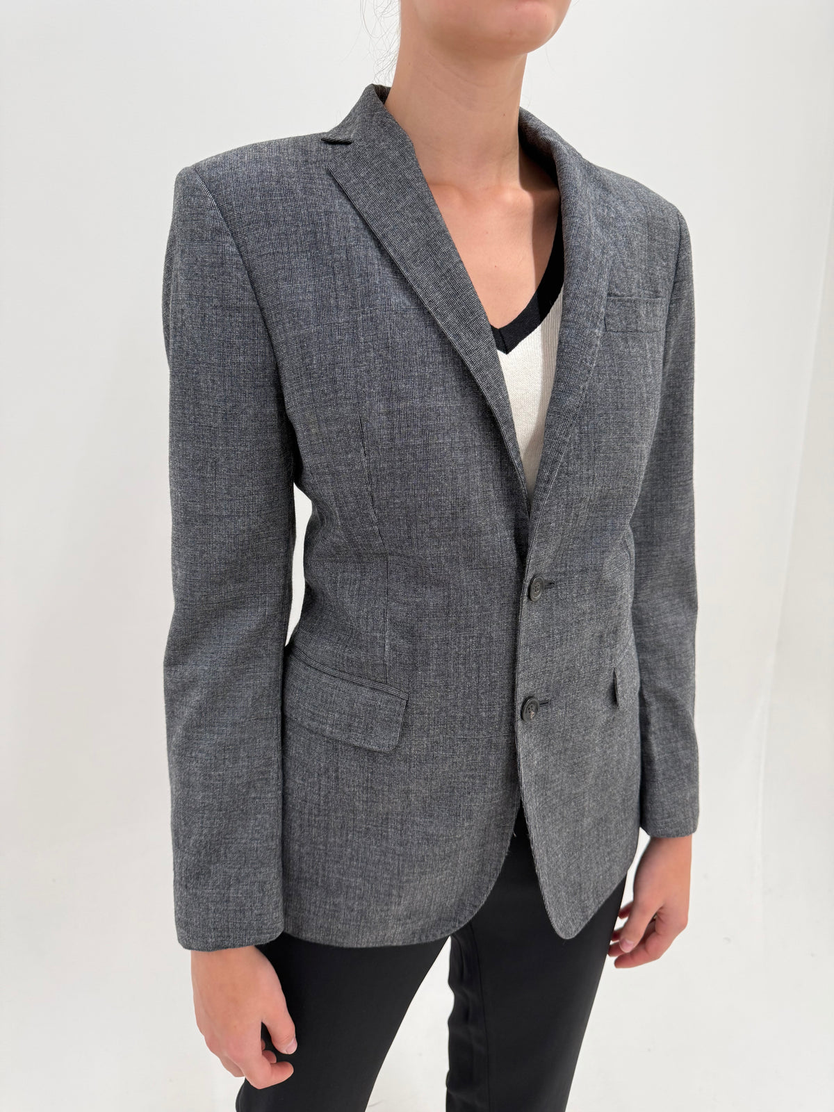 Sacou Dsquared din tweed extrafina de lana melanj în nuanțe de gri și croi actual