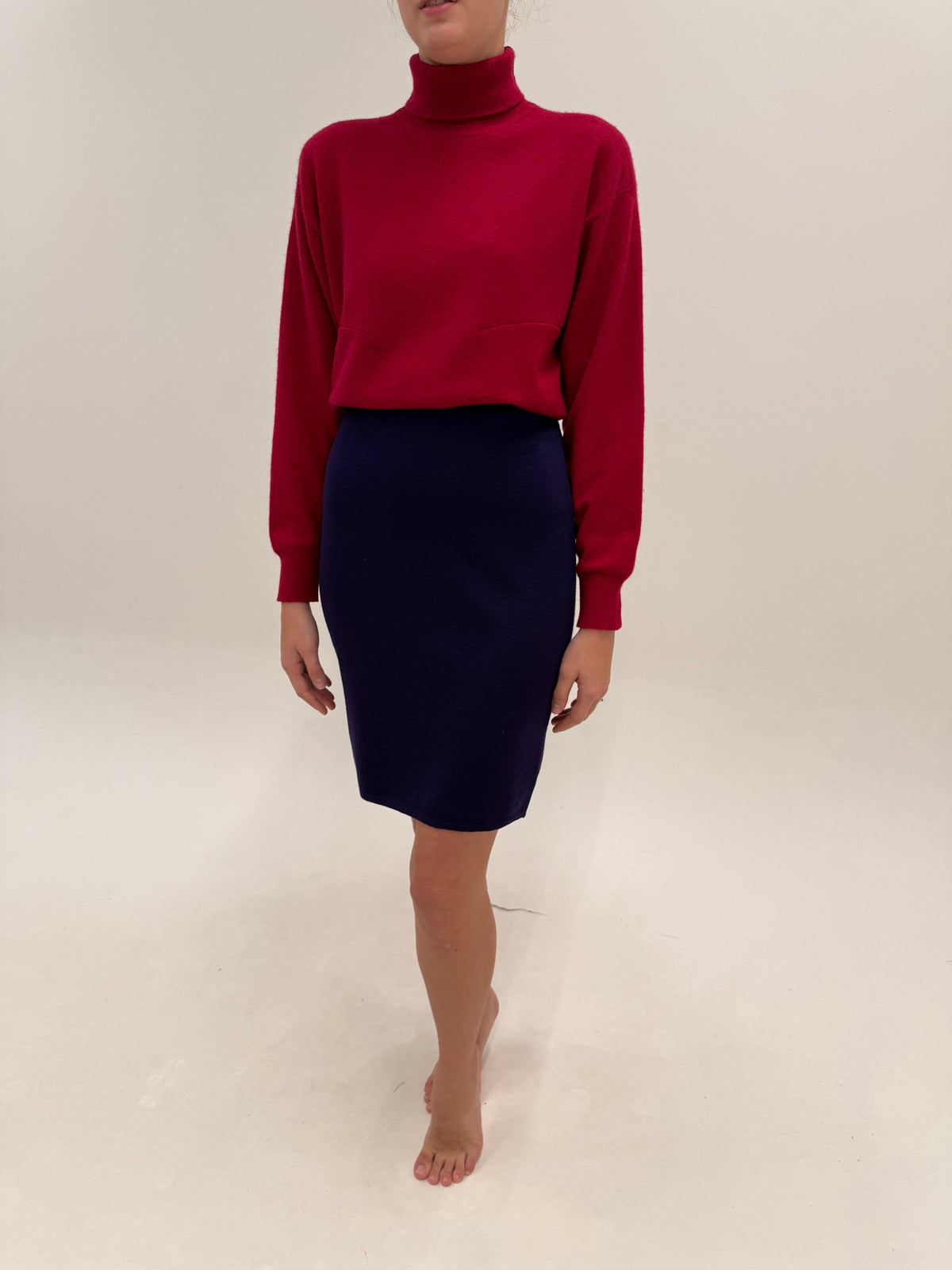 Fustă Fendi creion din tricot de lana extrafina dens aubergine