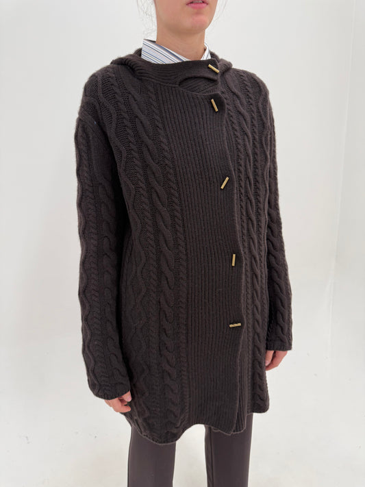 Pardesiu Max Mara din tricot gros cu torsade și glugă de lana și cașmir chocolate brown