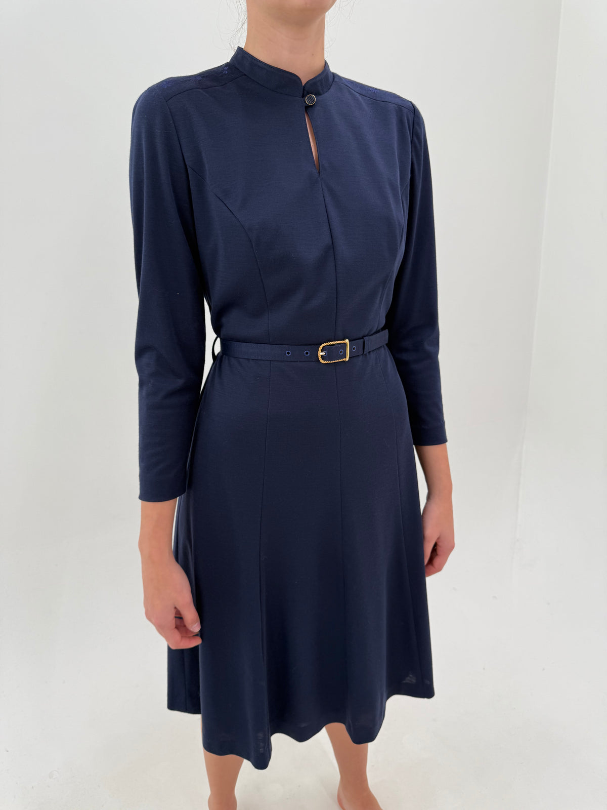 Rochie vintage petite cu talie marcată reglabilă din lana extrafina Navy blue