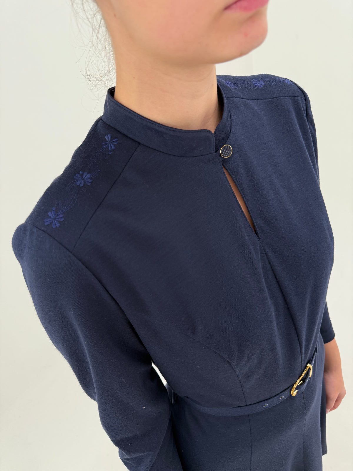 Rochie vintage petite cu talie marcată reglabilă din lana extrafina Navy blue