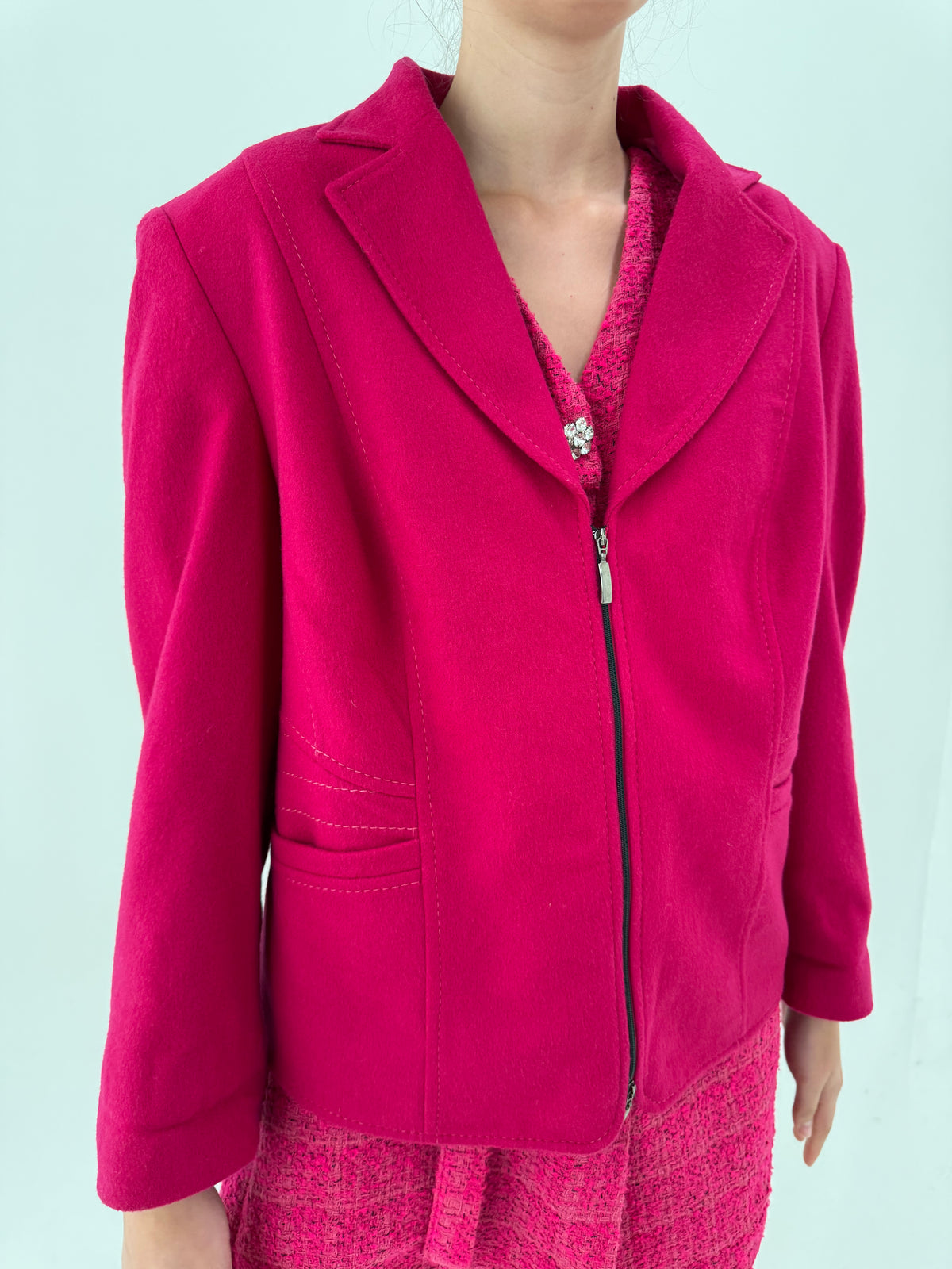 Jacheta de brand premium din molton extrafina de lana fucsia plus size