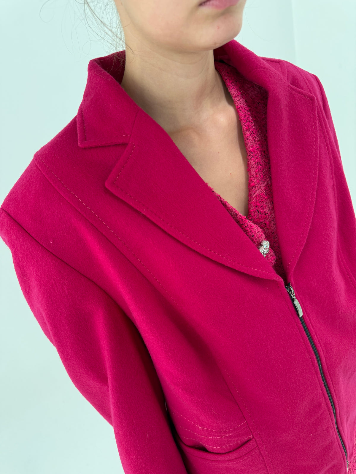 Jacheta de brand premium din molton extrafina de lana fucsia plus size