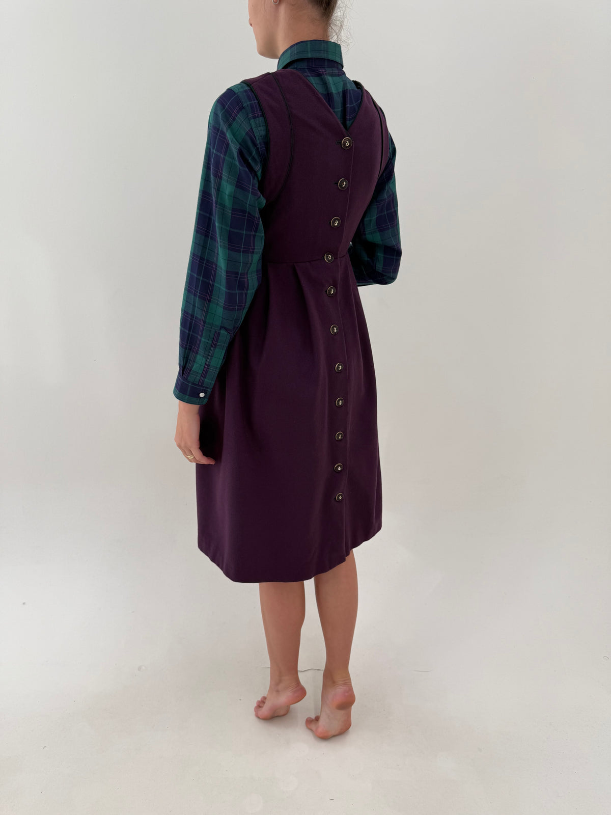 Rochie vintage cu corsaj din lan extrafina eggplant purple midi cu talie ultra înaltă marcată