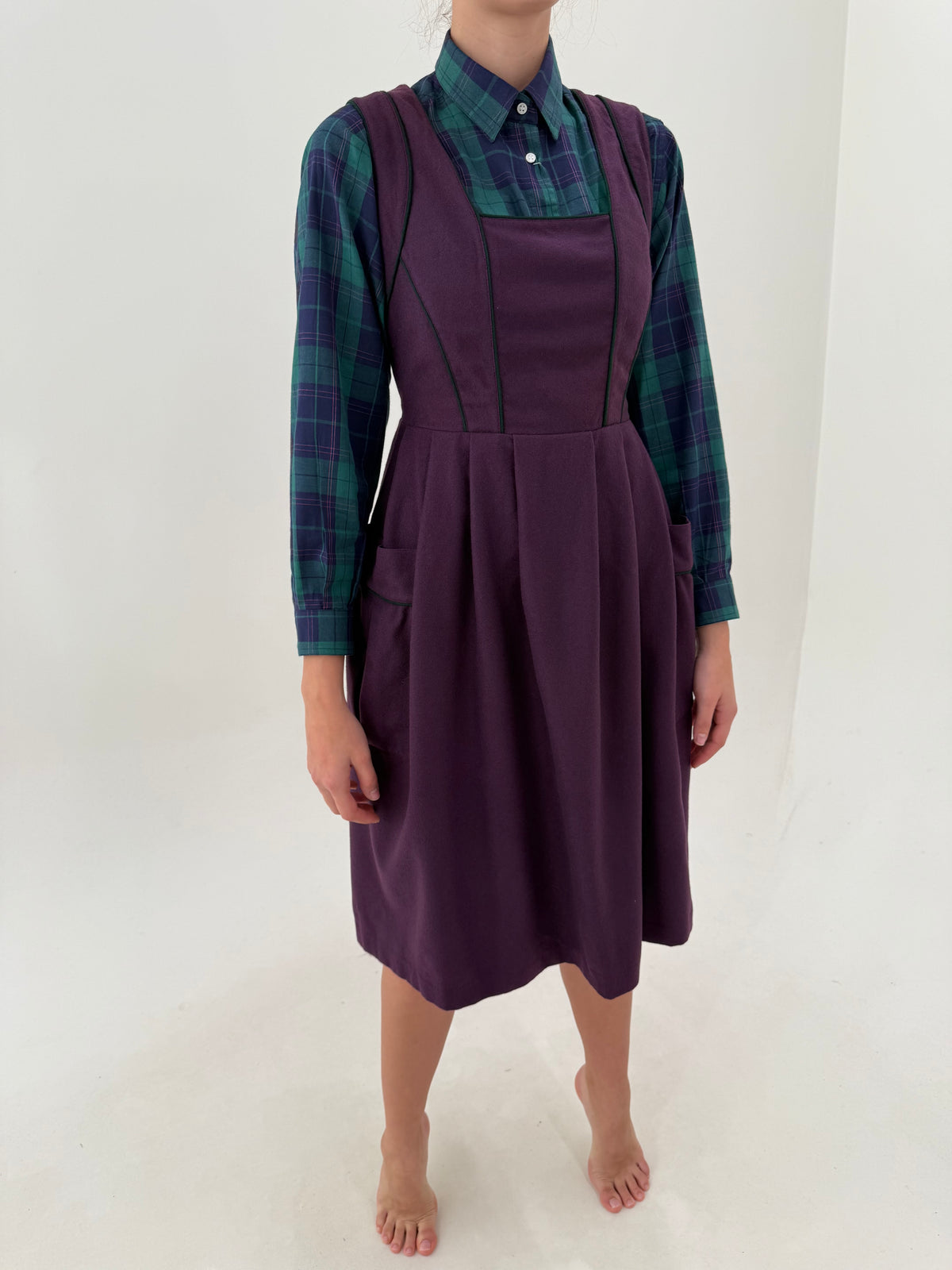 Rochie vintage cu corsaj din lan extrafina eggplant purple midi cu talie ultra înaltă marcată