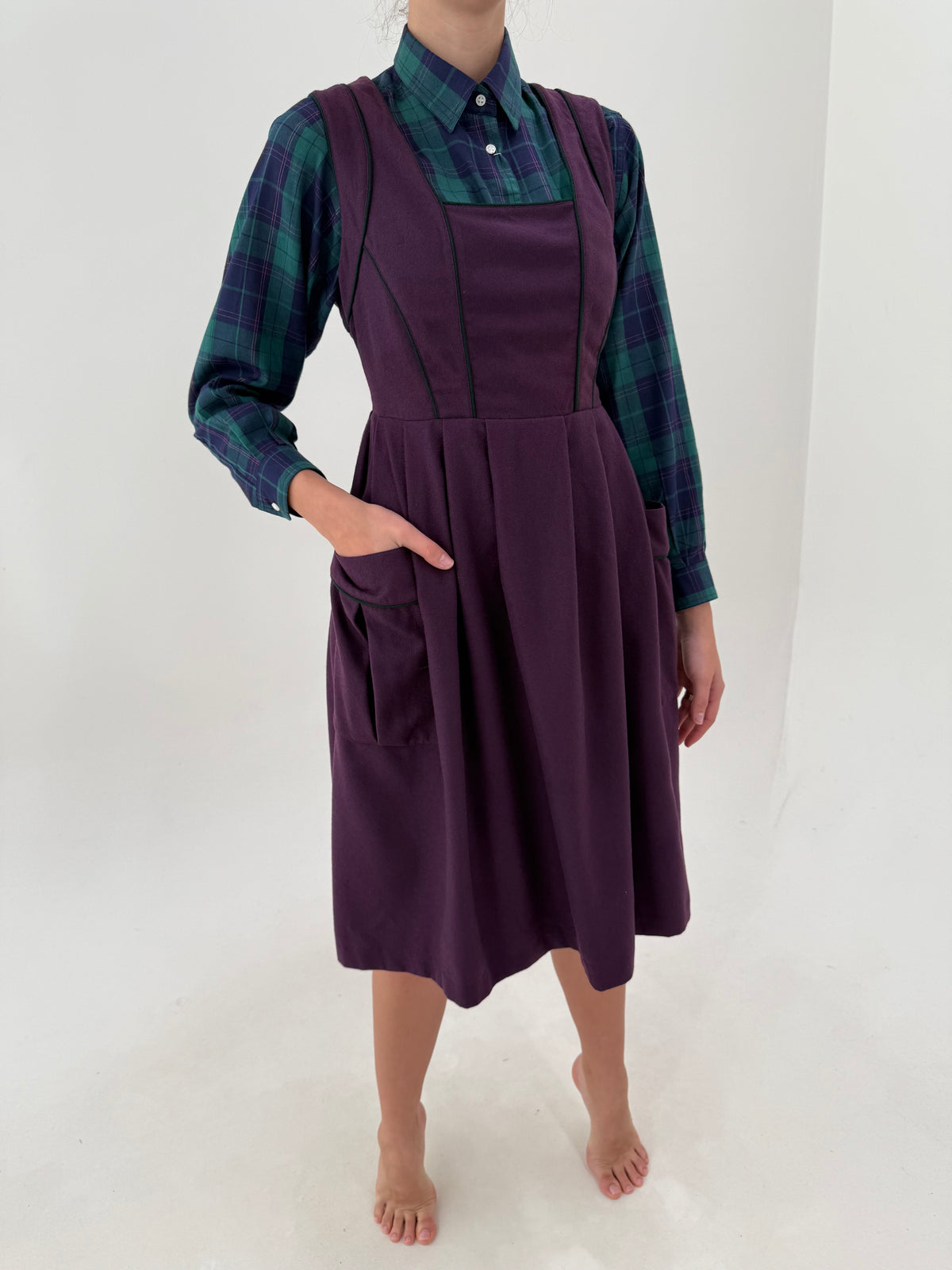 Rochie vintage cu corsaj din lan extrafina eggplant purple midi cu talie ultra înaltă marcată